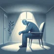 DALL·E 2024 11 10 01.34.08 A thoughtful empathetic illustration depicting an elderly person in a quiet room surrounded by soft lighting. The person is seated in a chair with