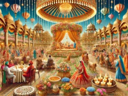 DALL·E 2024 11 12 17.05.07 A grand Indian wedding scene that radiates opulence and festivity showcasing a lively traditional outdoor setting. The scene features elaborate flor