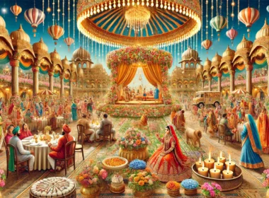 DALL·E 2024 11 12 17.05.07 A grand Indian wedding scene that radiates opulence and festivity showcasing a lively traditional outdoor setting. The scene features elaborate flor
