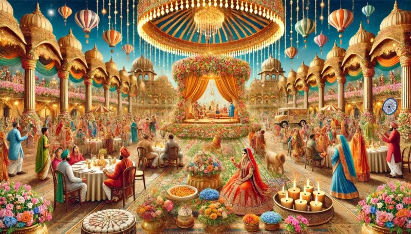 DALL·E 2024 11 12 17.05.07 A grand Indian wedding scene that radiates opulence and festivity showcasing a lively traditional outdoor setting. The scene features elaborate flor