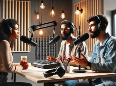 DALL·E 2024 11 13 04.12.58 A group of three diverse real looking podcasters sitting around a table in a modern recording studio. Each person has a professional microphone in fr