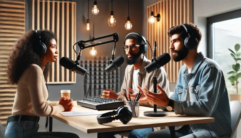 DALL·E 2024 11 13 04.12.58 A group of three diverse real looking podcasters sitting around a table in a modern recording studio. Each person has a professional microphone in fr