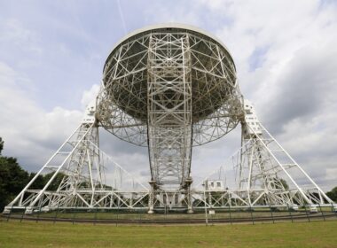 a large metal structure sitting on top of a lush green field