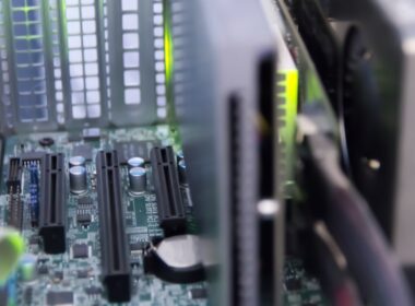 a close up of a computer motherboard with many components