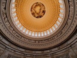 The capitol building's dome is seen from within.