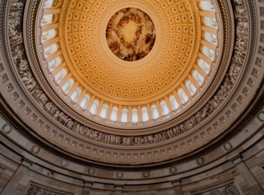 The capitol building's dome is seen from within.