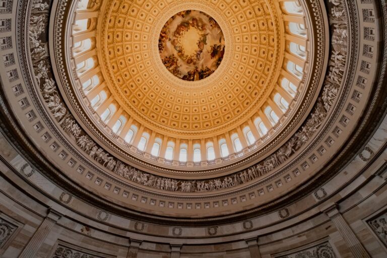 The capitol building's dome is seen from within.