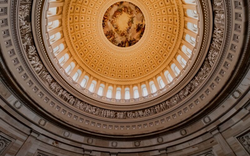 The capitol building's dome is seen from within.