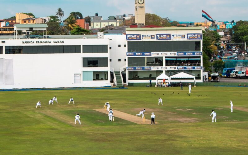 A cricket match is being played at the stadium.