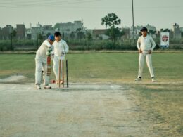 a group of men playing a game of cricket
