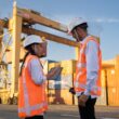 Two workers in hard hats discuss plans near shipping containers.