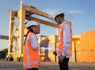 Two workers in hard hats discuss plans near shipping containers.