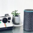polaroid land camera beside Amazon Echo