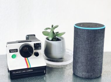 polaroid land camera beside Amazon Echo