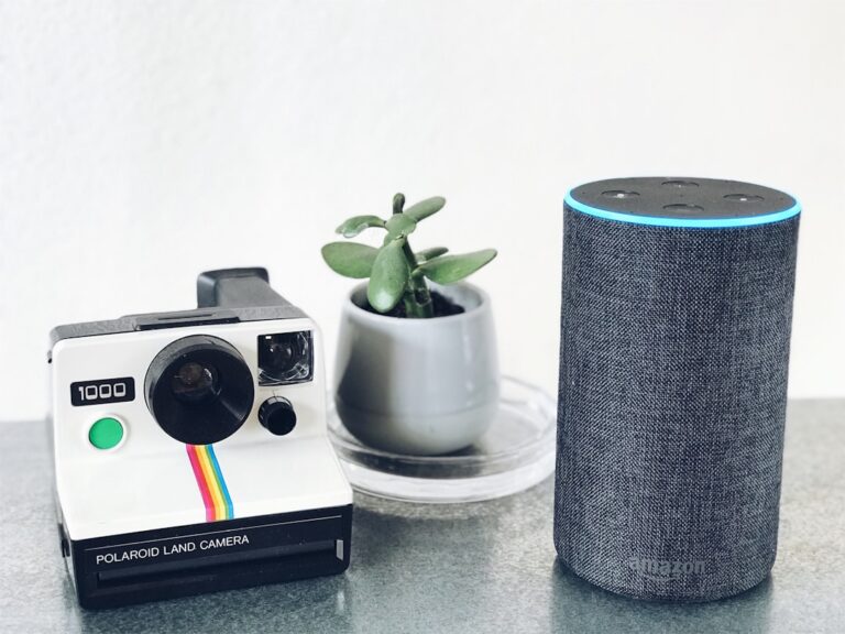 polaroid land camera beside Amazon Echo