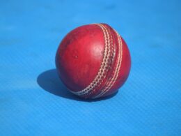 A red cricket ball sits on a blue surface.