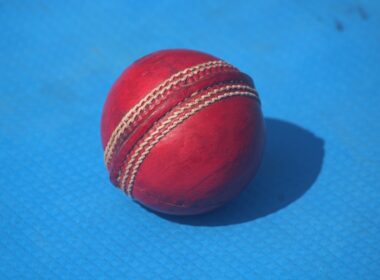 Here is a caption for the image: a red cricket ball rests on a blue surface.