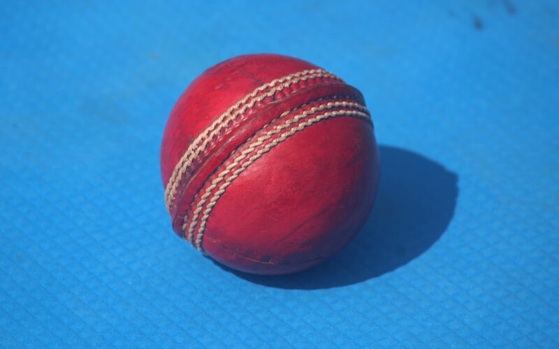 Here is a caption for the image: a red cricket ball rests on a blue surface.