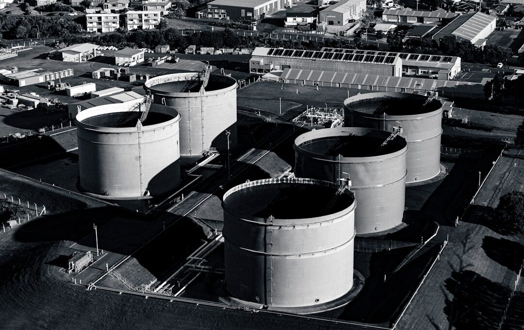 a black and white photo of a large tank