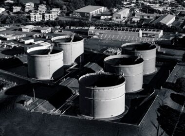 a black and white photo of a large tank