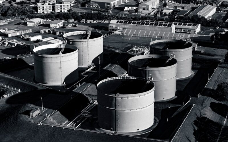 a black and white photo of a large tank
