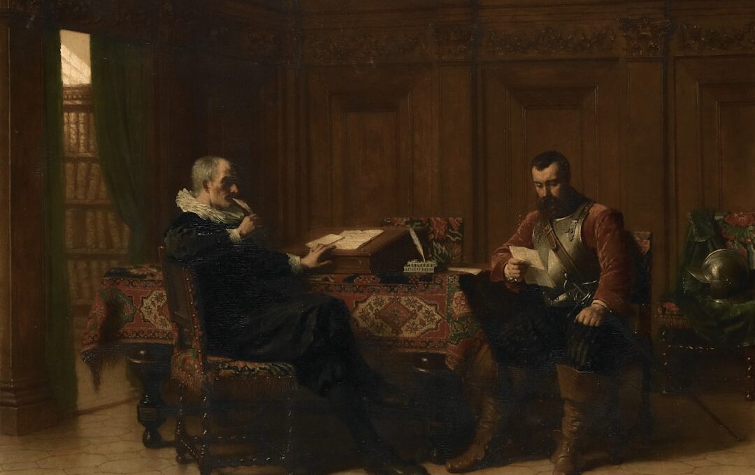 Two men in a study with books and a desk.
