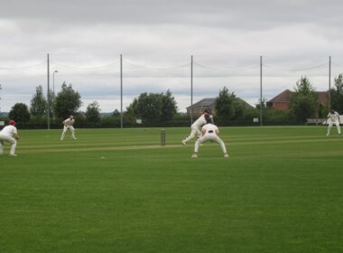 A group of men playing a game of cricket