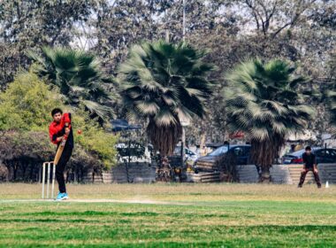 a man playing a game of cricket in a park