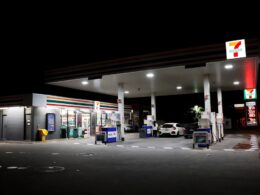 A 7-eleven gas station at night