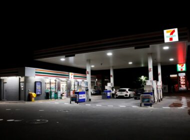 A 7-eleven gas station at night
