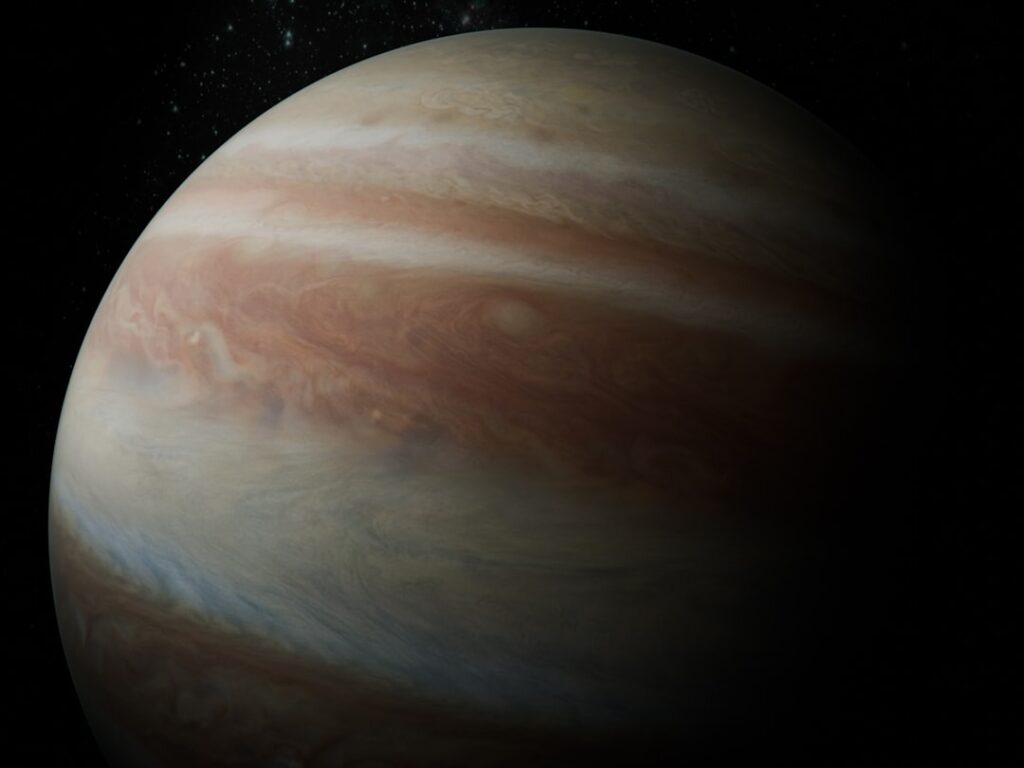 Jupiter with swirling clouds in dark space