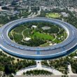 An aerial view of a circular building in a city