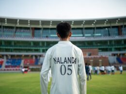 Young cricketer stands on field before stadium crowd.