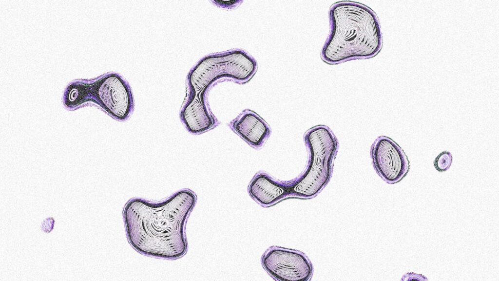Abstract shapes float against a white background.