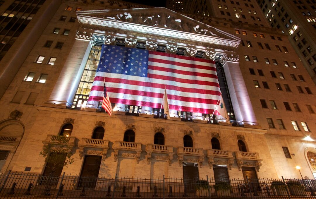a large flag from the ceiling of a building
