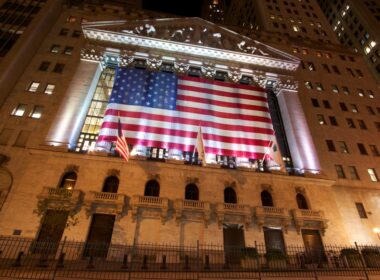 a large flag from the ceiling of a building