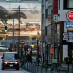 A car driving on a city street past a building with a large dinosaur mural