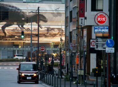 A car driving on a city street past a building with a large dinosaur mural