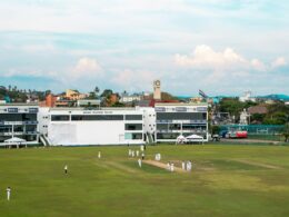 A cricket game is being played on a field