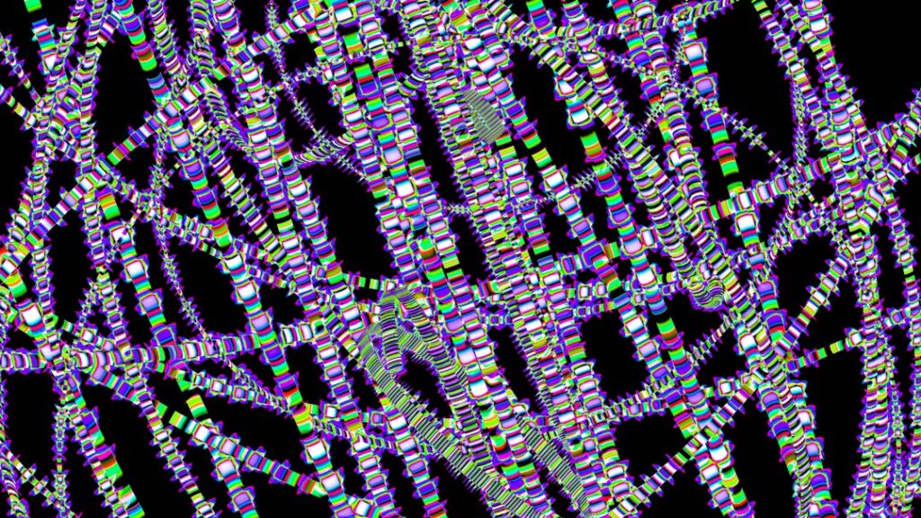 Glowing pixelated lines form an intricate abstract network