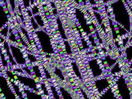 Glowing pixelated lines form an intricate abstract network
