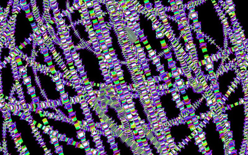 Glowing pixelated lines form an intricate abstract network