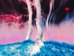 Abstract swirling colors with a red orb in the sky